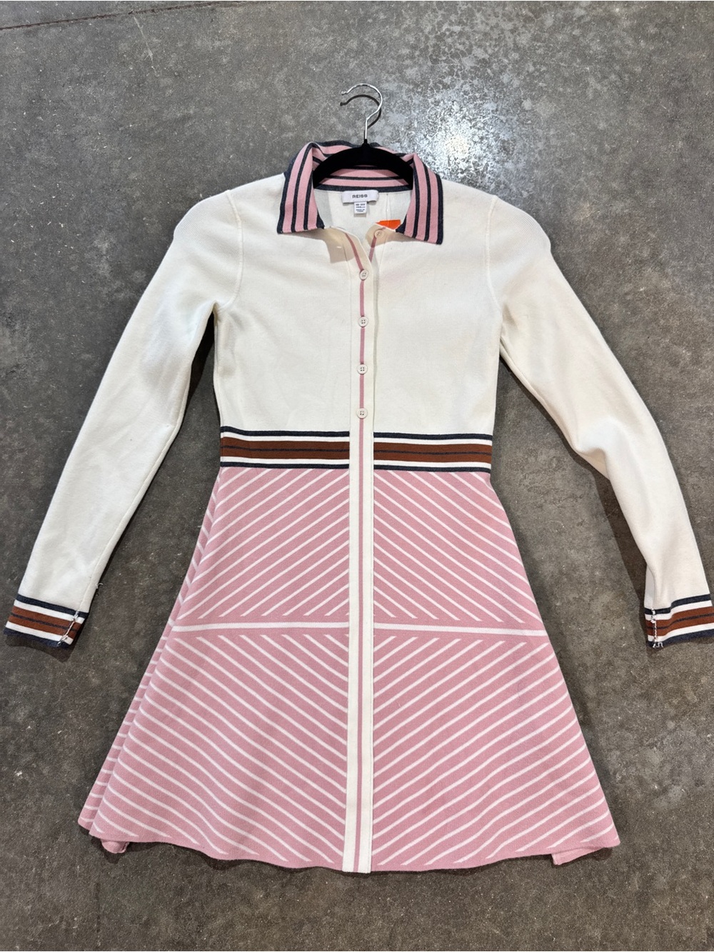 Reiss Girls Colorblock Knit Sweater Dress Pink Ivory Striped Collared 10-11Y